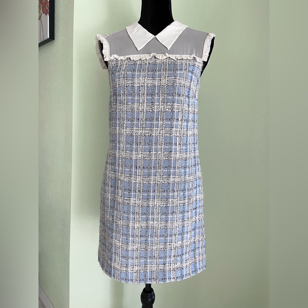 Rare Miu Miu Silk Ruffle Trim Wool Blend Tweed Mini Drees Size 40